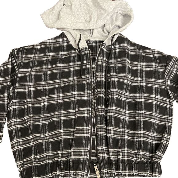 Women's‎ black and white zip up shein plaid gray hood crop jacket Size Small - Picture 2 of 4